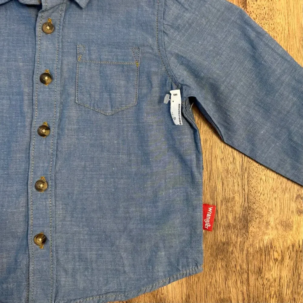 Wrangler Long Sleeve Button Down Shirt Western Cowboy Chambray Blue Toddler 2T